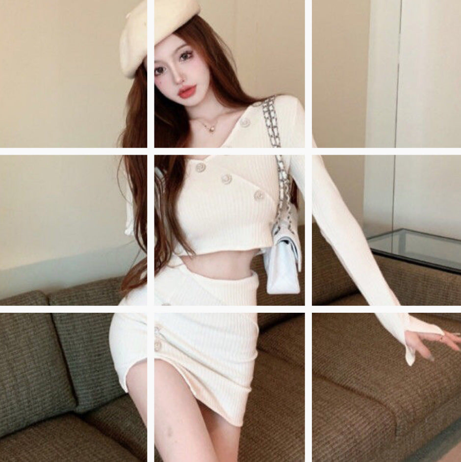 Early Autumn Pearl Button Short Top And Sheath Skirt Set