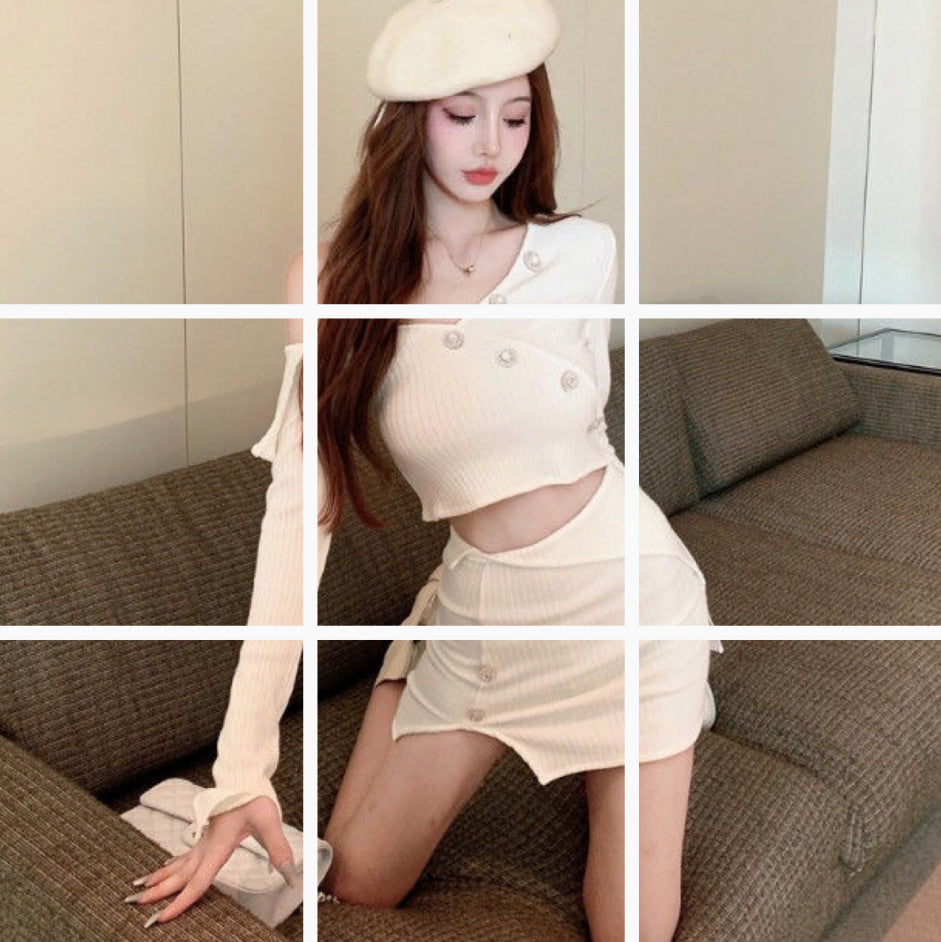 Early Autumn Pearl Button Short Top And Sheath Skirt Set